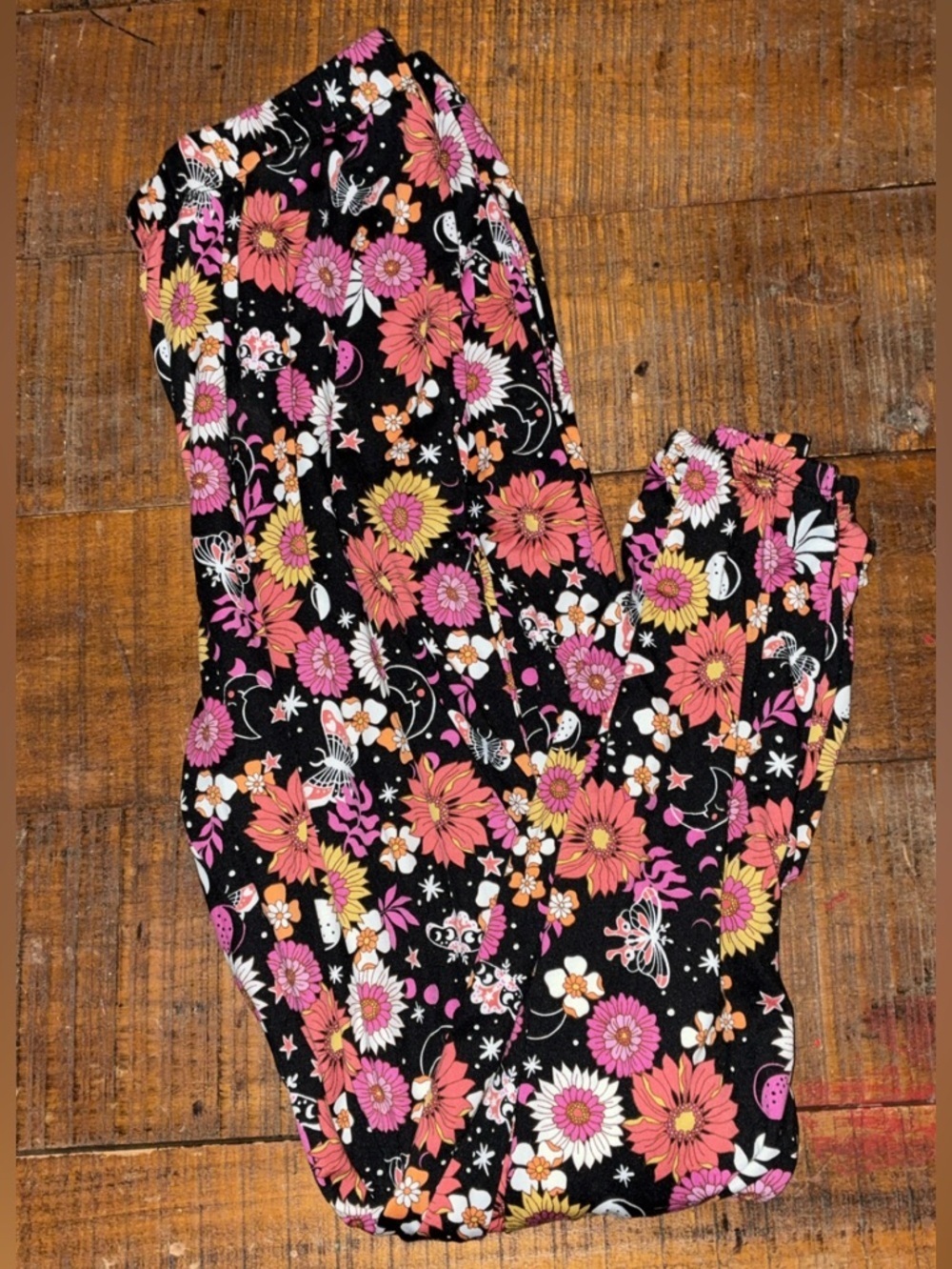 Floral Print Leggings Size Large 12/14 Black Pink Stretch Pull On Pants